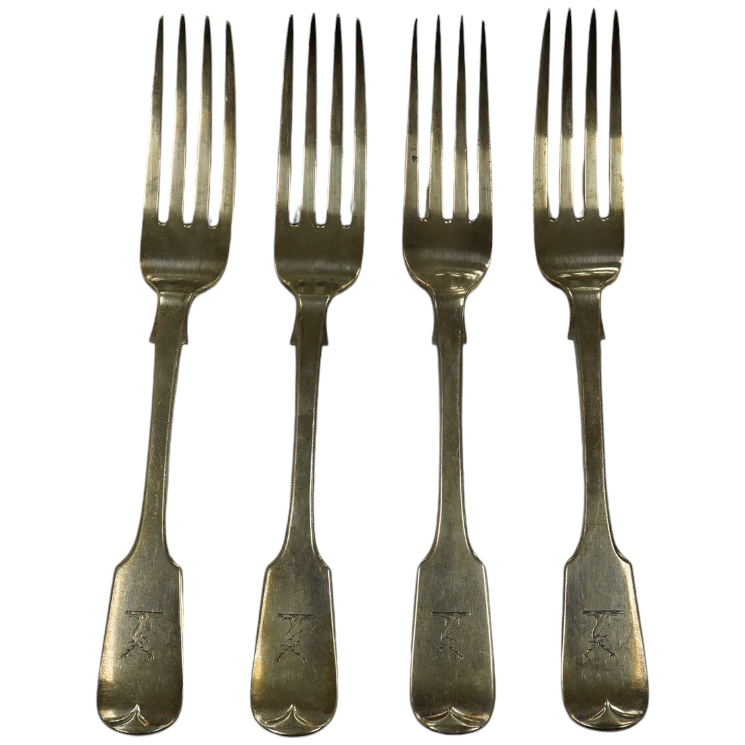 Eleven mainly 19th century silver fiddle pattern table forks, various dates and makers, 25.4oz. Condition - poor to fair